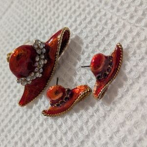 Vintage Red and Gold Hat Earrings/Brooch
